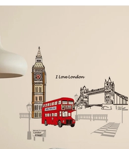 Detail of London themed wall stickers featuring a red bus and Big Ben for home decor
