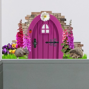 Creative mouse hole wall sticker with pink door flowers and hedgehog for home decor