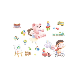Cartoon children wall stickers set with cute characters balloons and school bus decor