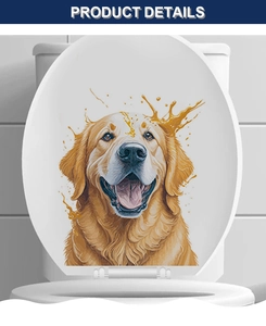 Artistic golden retriever decal sticker on a white toilet lid with vivid paint splashes