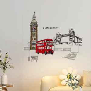 London themed wall decal featuring Big Ben and red bus in a modern living room setting