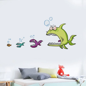 Cartoon big fish eat small fish wall stickers with colorful ocean creatures for bedroom decor