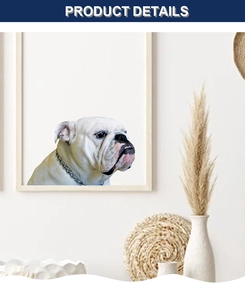 Detail of white bulldog art print in light wood frame against a minimalist home wall