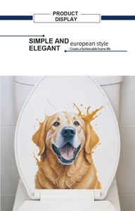 Detail showing hand-painted golden retriever toilet seat decal on white ceramic surface