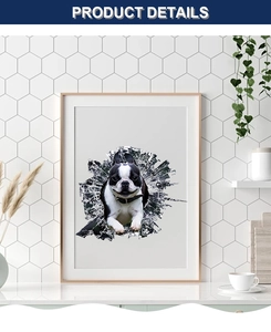 Detail of 3D cracked glass effect Boston Terrier wall art in a light wooden frame