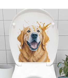 Detail of vibrant hand-painted Golden Retriever toilet lid sticker with artistic splashes