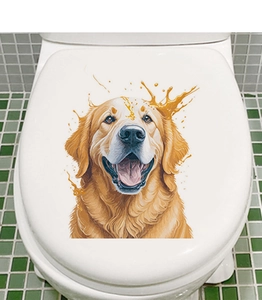 Detailed realistic golden retriever toilet seat decal on white lid in a modern bathroom