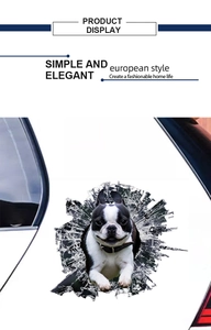 Detailed 3D visual of a French Bulldog breaking through glass car body sticker decal
