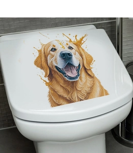 Detailed close-up of a golden retriever toilet lid decal in a modern bathroom setting