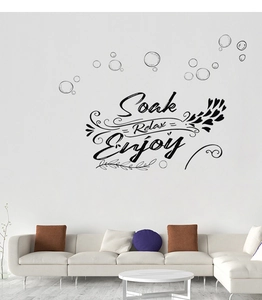 Modern black PVC wall decals featuring Soak Relax Enjoy text with bubble and heart motifs