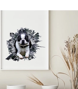 Detail of creative 3D Boston Terrier car sticker with realistic broken glass visual effect