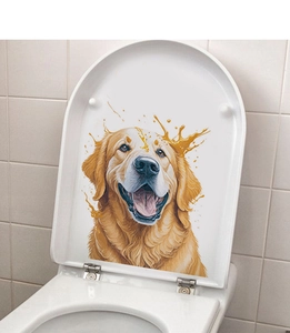 Realistic hand-painted Golden Retriever puppy decal applied to a white ceramic toilet lid