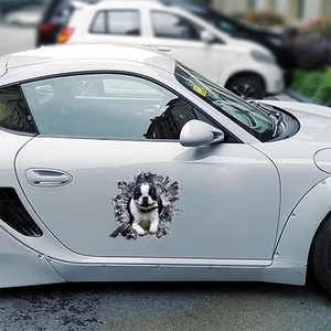 3D Boston Terrier Dog Breaking Glass Car Sticker Funny Animal PVC Wall Decal For Auto Window Living Room Home Decoration