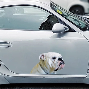 Realistic English Bulldog car sticker on a white vehicle door for pet lover decoration