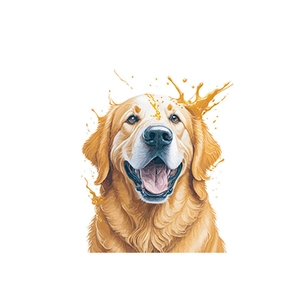 Artistic golden retriever decal with vibrant splash effect on a clean white background