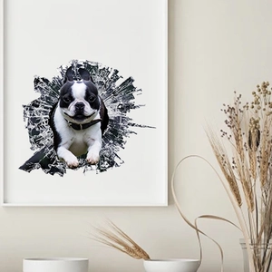 3D realistic French Bulldog wall decal with broken glass effect for home and car decoration