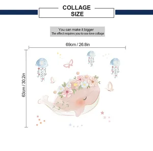 Size chart showing pink whale wall decal dimensions 69cm wide and 63cm high in detail
