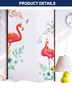 Close-up of pink flamingo wall stickers with floral leaves and butterfly on white brick