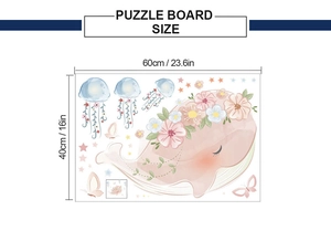 Detail view of pink whale wall sticker showing dimensions of 60cm by 40cm for home decor