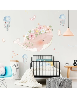 Pink whale and jellyfish wall decals set for kids' room decor with flowers and stars