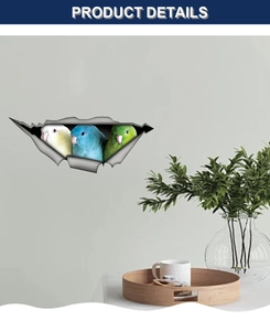 Detail of 3D cracked wall decal featuring three colorful parrots for home decoration
