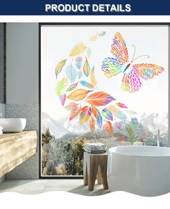 Detail of vibrant colorful butterfly and feather wall stickers on a scenic bathroom window