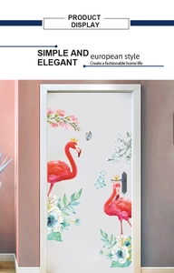 Detailed view of self-adhesive door decals featuring elegant pink flamingos and floral motifs