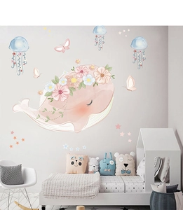 Detailed wall sticker set featuring a cute pink whale with flower crown and blue jellyfish