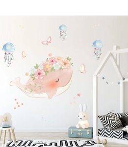 Pink whale and jellyfish wall stickers with stars for nursery decoration