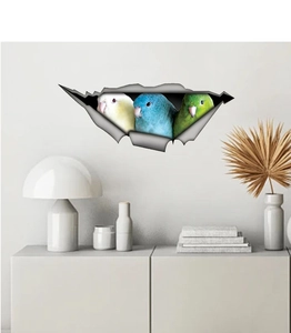 Detailed view of 3D parrot wall stickers showing colorful birds emerging from a torn wall hole