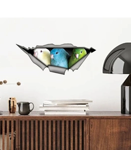 Detailed 3D wall decal showing three colorful parrots emerging from cracked wall art