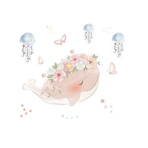 Cute pink whale wall sticker with flower crown and blue jellyfish for nursery decor