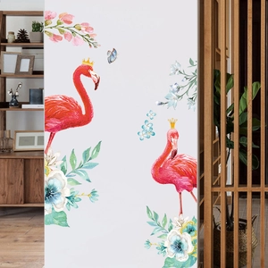 Creative pink flamingo and floral wall stickers for living room home decor