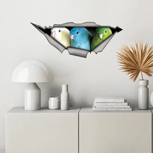 3D realistic wall decal featuring colorful parrots breaking through wall for home decor