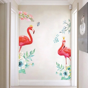 Modern watercolor flamingo wall decals with floral patterns for living room decoration