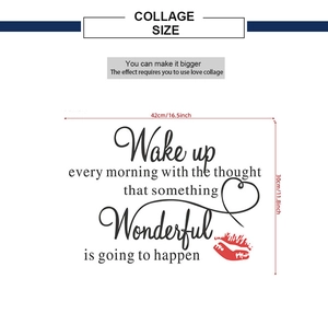 Detail showing 'Wake up wonderful' wall sticker layout with size 42cm x 30cm