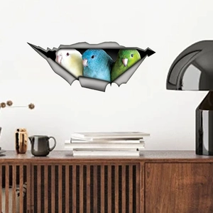 3D realistic wall decal featuring three colorful parrots peeking from a wall crack