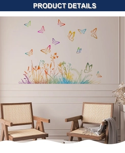 Detail of rainbow gradient butterfly and floral wall decals in a modern living room decor