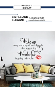 Detail of Wake Up Wonderful inspirational wall decal with red lip print on a grey wall
