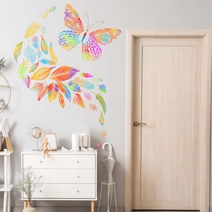 Rainbow feather butterfly wall sticker with colorful gradient decor for living room