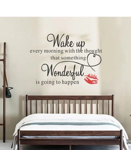 Bedroom wall decal showing Wake up Wonderful quote with a red lip print pattern decoration