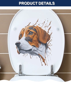 Detailed view of artistic watercolor beagle dog head sticker on a white toilet lid cover