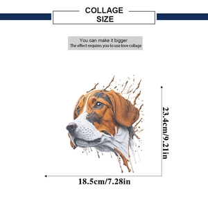 Detailed size chart for the lifelike hound dog sticker with orange paint splatter