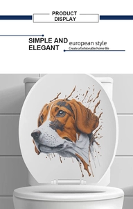Detailed realistic hand-painted beagle dog sticker on white toilet lid with brown ink splashes