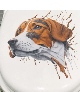 Close-up of beagle dog wall sticker with brown splash art on white toilet seat lid cover