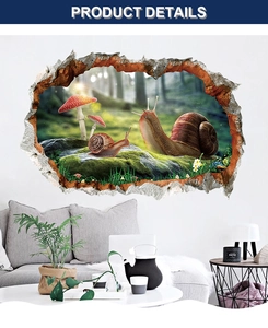 3D realistic snail and forest wall decal with broken wall effect shown on living room wall