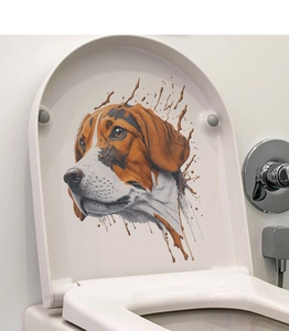 Realistic dog head wall sticker with brown ink splashes applied to a white toilet lid