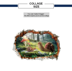 Detailed 3D snail wall decal with forest mushrooms showing flexible collage dimensions
