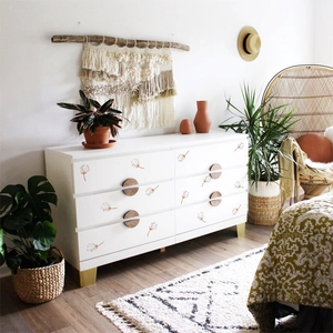 Bohemian 6-drawer dresser with dandelion prints and gold metal legs for home decor