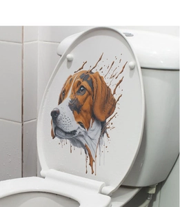 Detail view of beagle dog toilet sticker with brown paint splash design on white lid
